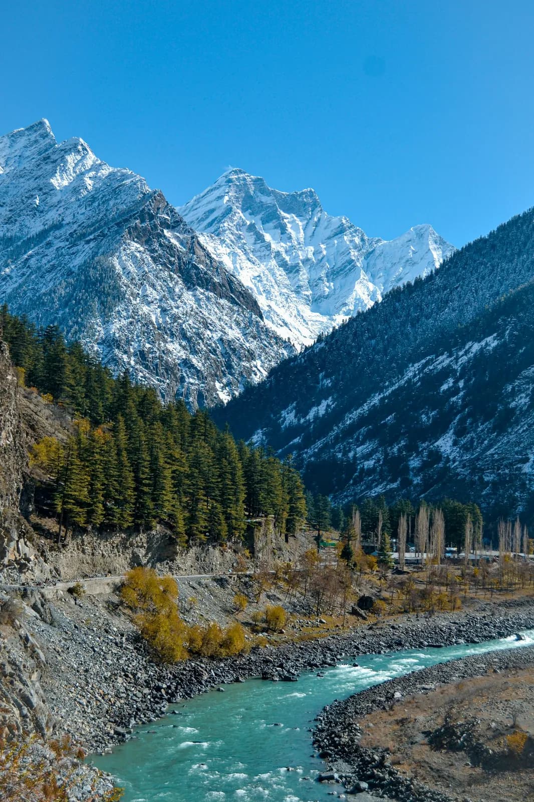 A river valley below snowy peaks in Himachal