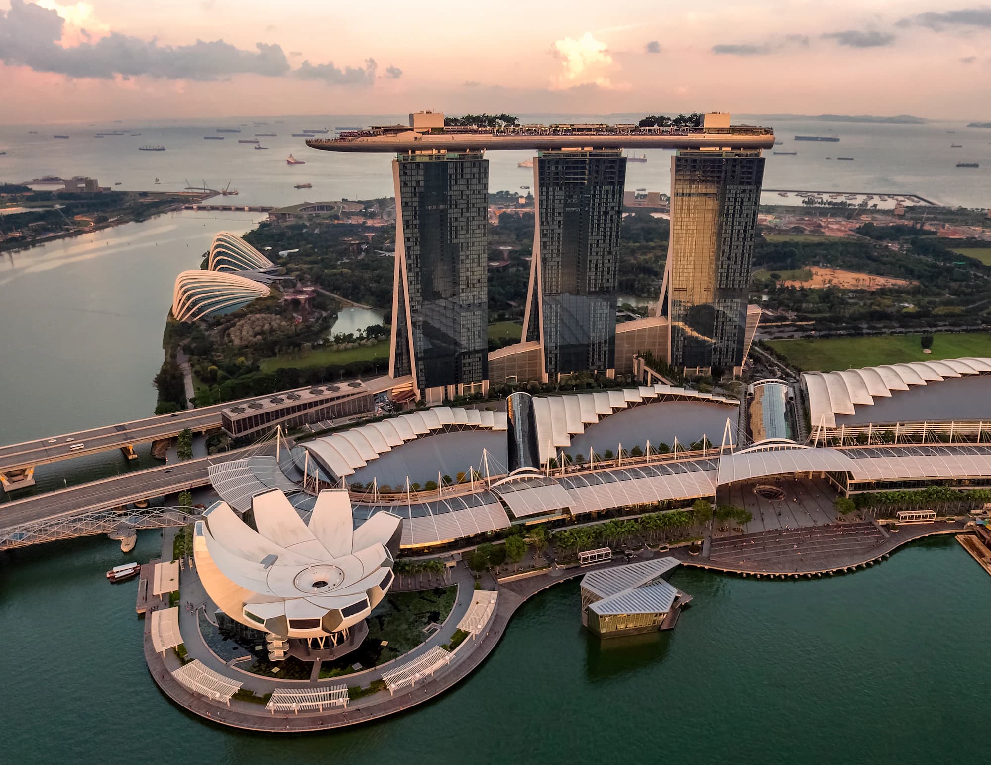 Marina Bay Sands and the lotus-shaped ArtScience Museum from above