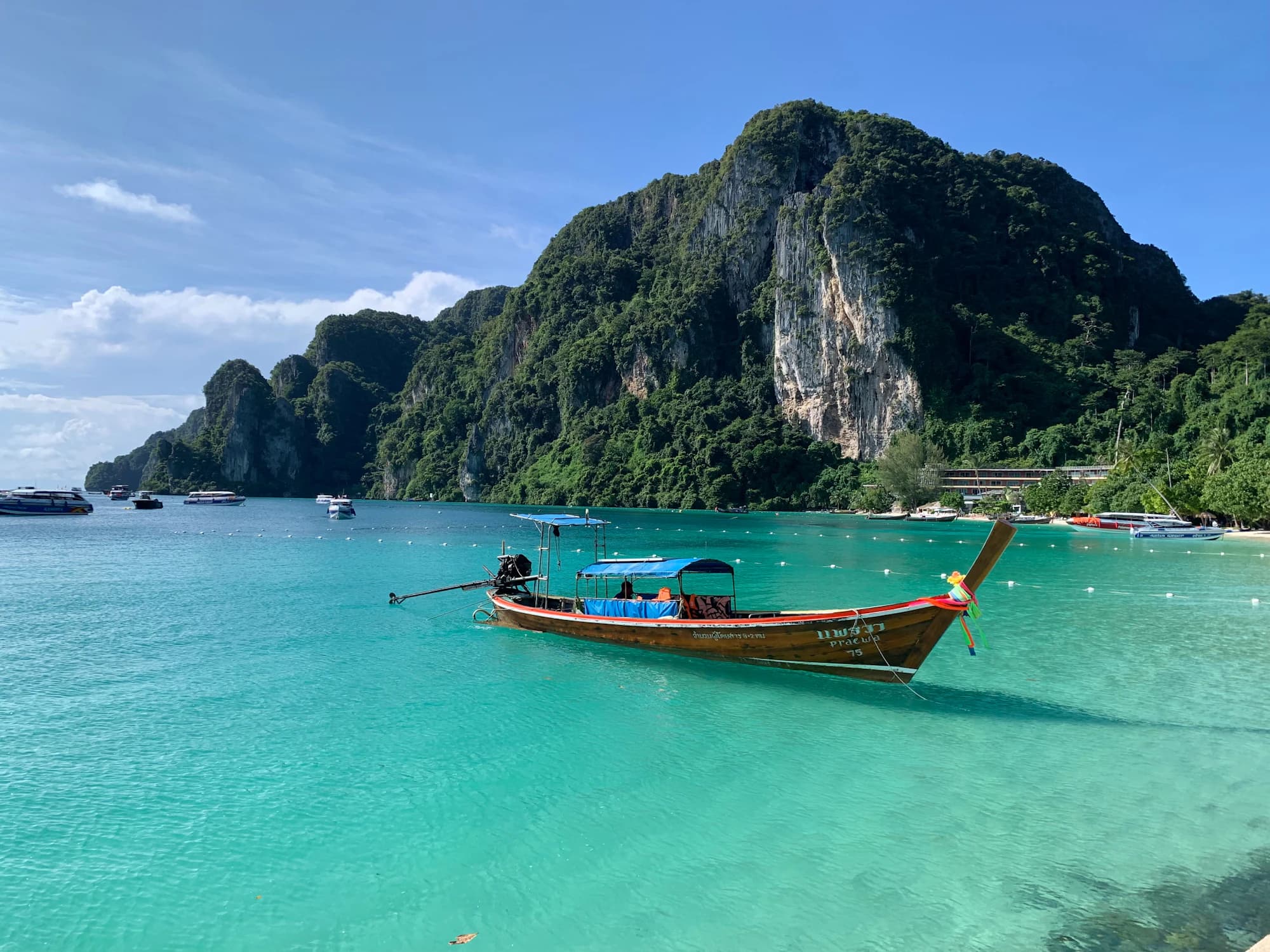 A longtail boat on turquoise water below the limestone cliffs of the Phi Phi Islands