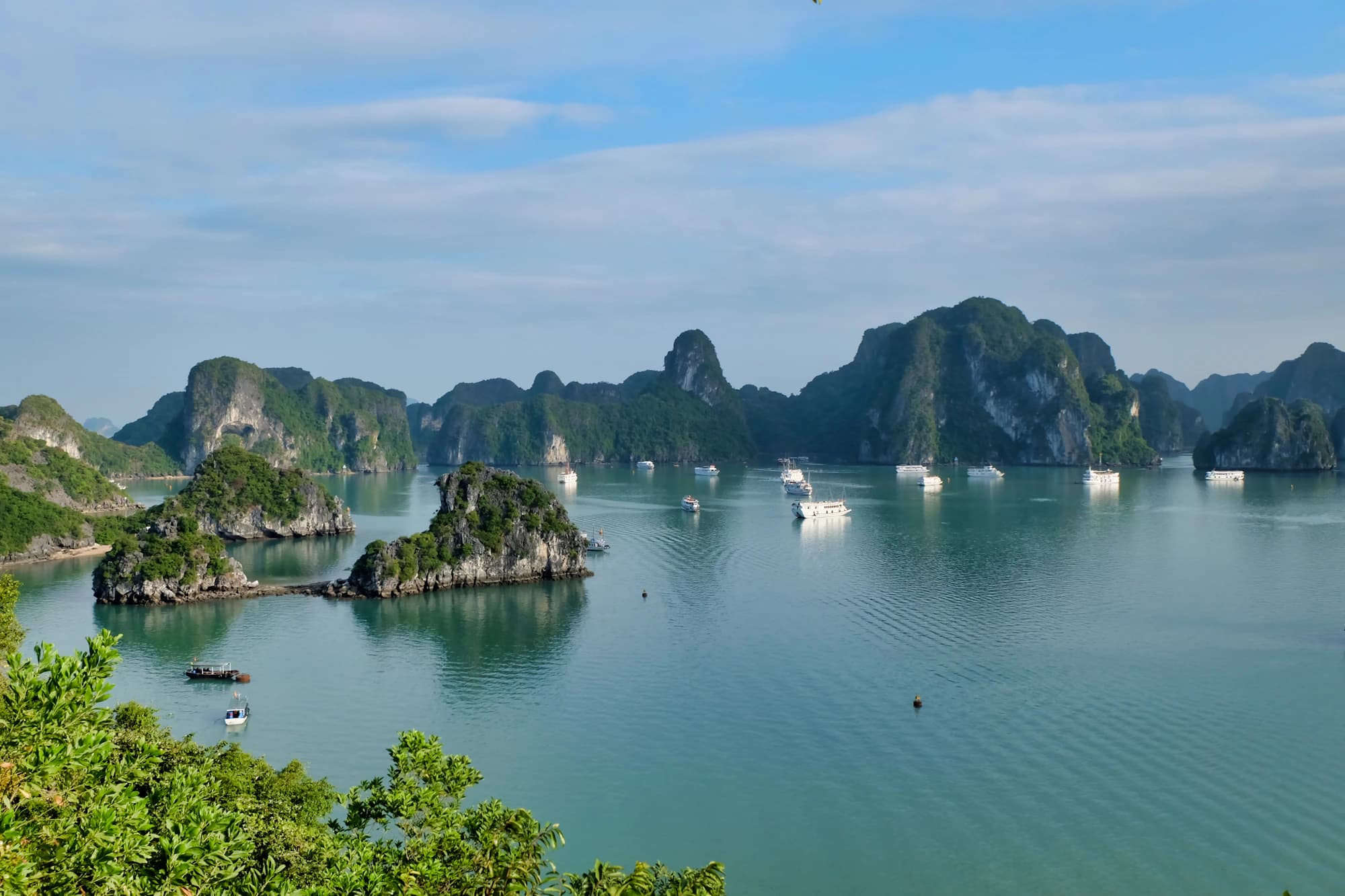 Boats among the limestone islands of Ha Long Bay