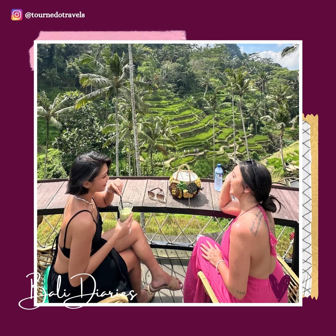 Two friends at a café above the rice terraces, Bali