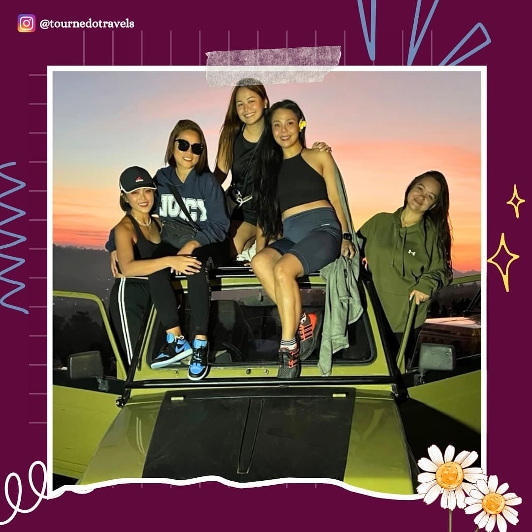 Five friends on a jeep at sunrise, Mt Batur, Bali