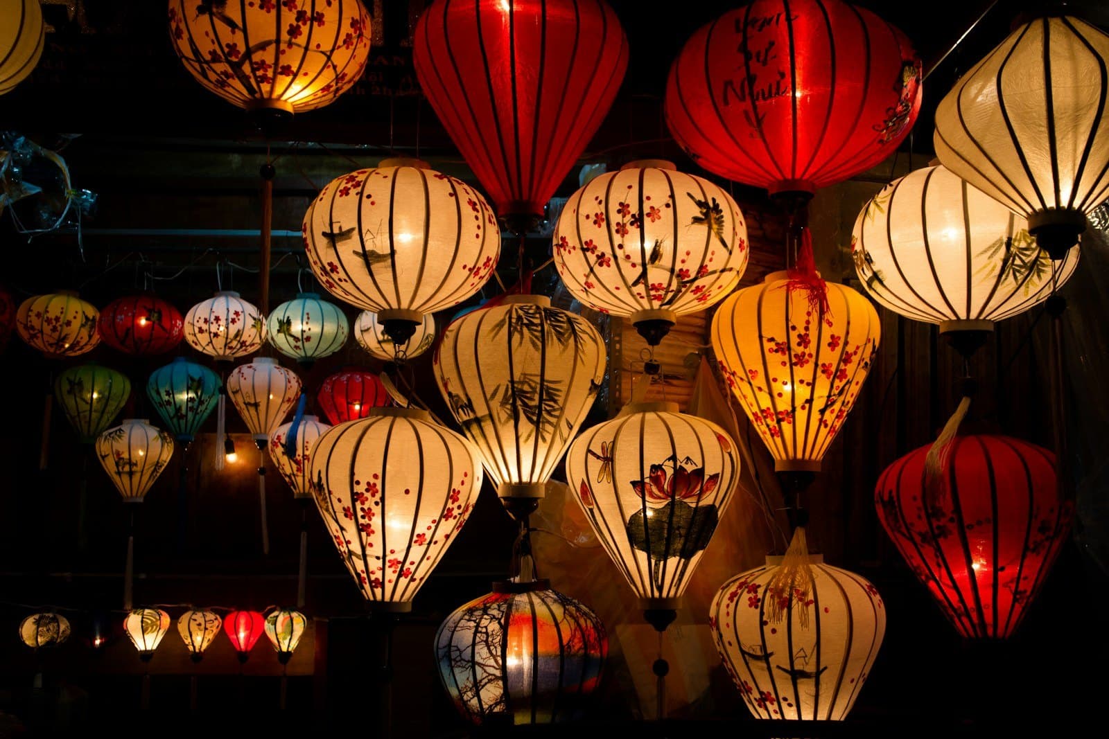Silk lanterns lit up at night in Hoi An